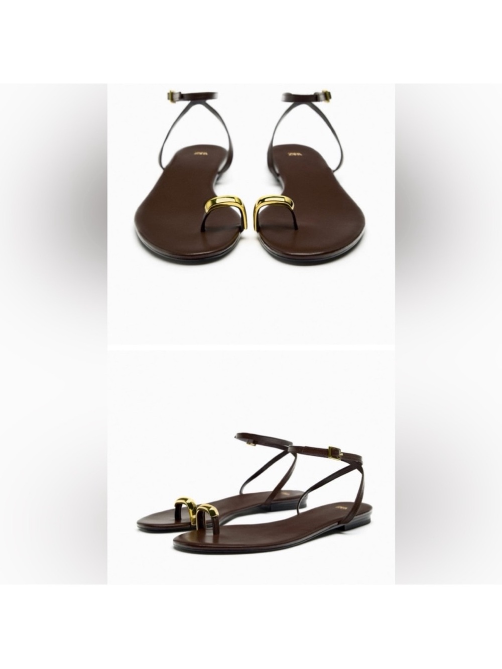 Zara Dark Brown Toe-Ring Ankle-Strap Sandals with Gold Hardware